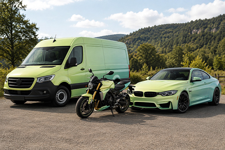 A van, motorbike and car parked side by side